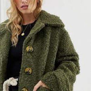 Free People Jacket So Soft Teddy Sherpa Peacoat Jacket Olive Green